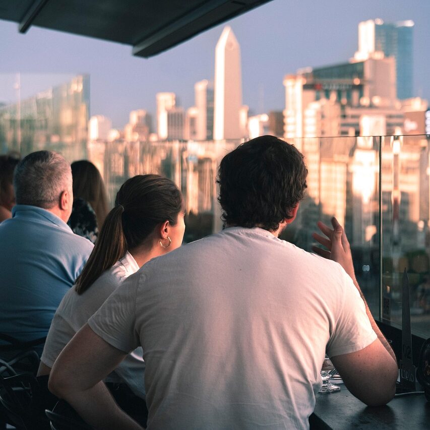 darling, terrace, building, buildings, people, shades, sun, nature, sunset, afternoon